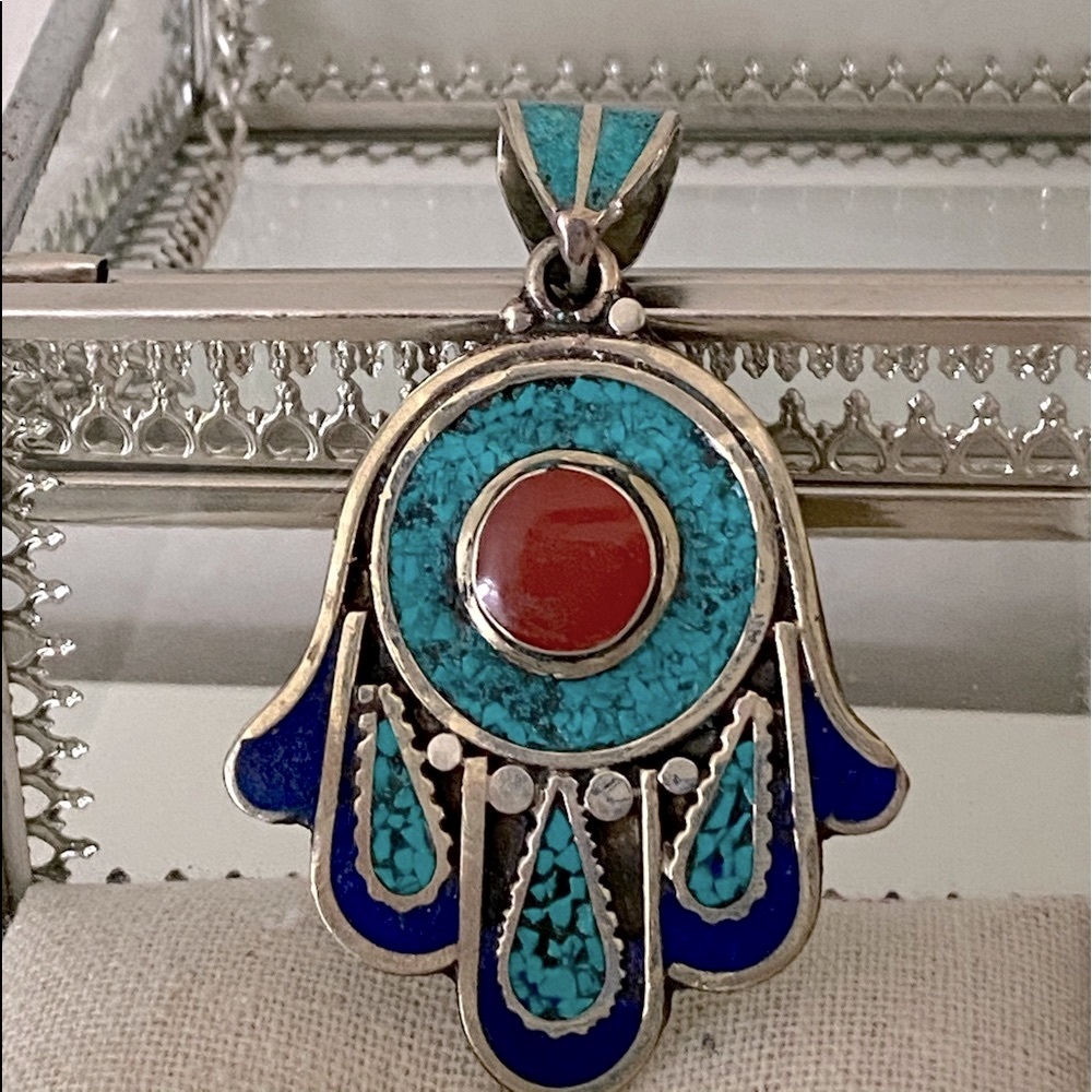 Hamsa Semi-Precious Stone, Extra Large  Pendant.